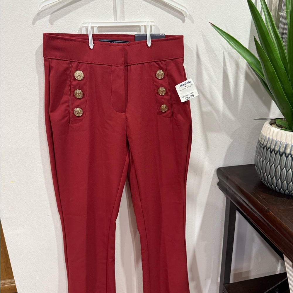 JL Atelier Red Trousers with Gold Button Dress Pants